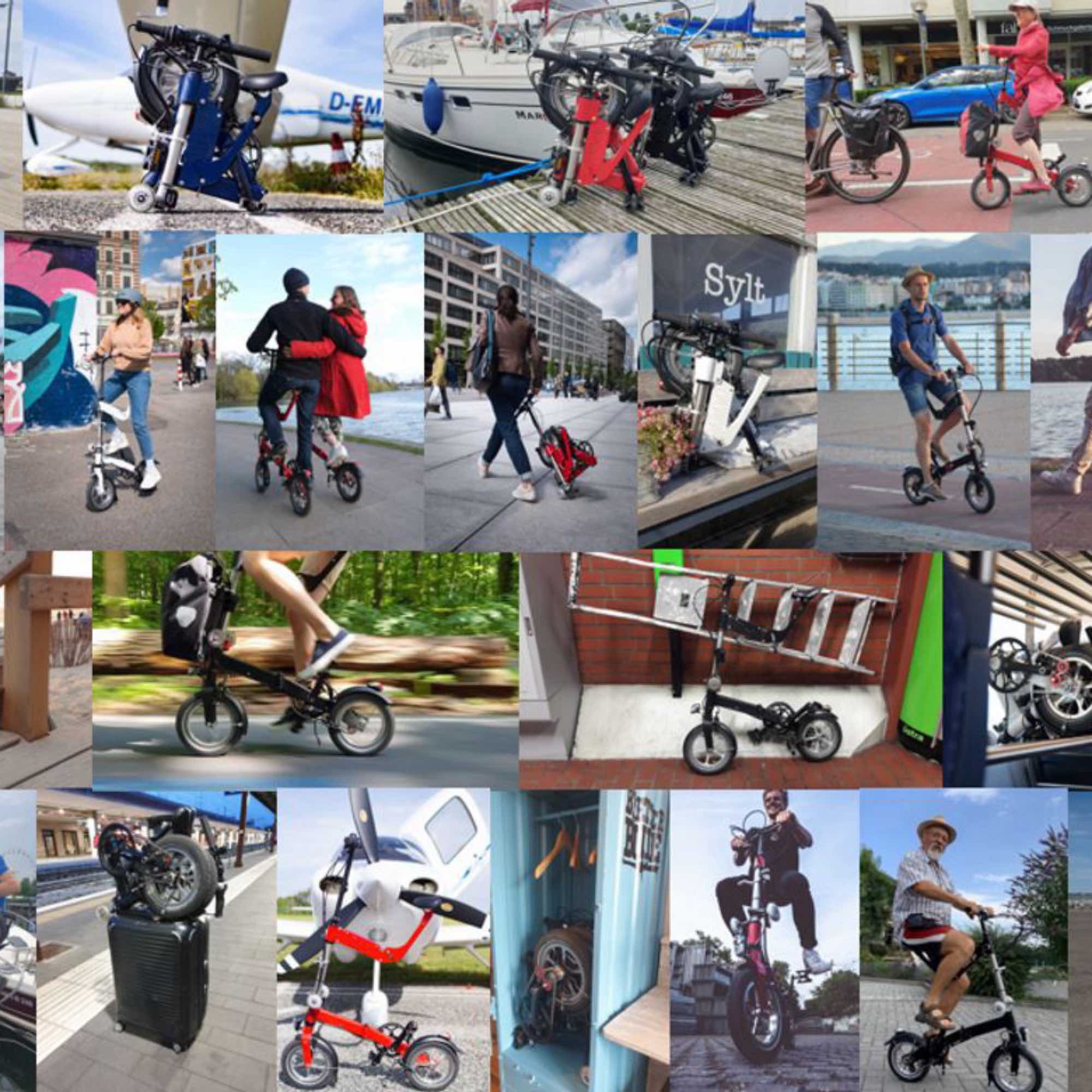 multiple pictures collage showing upride folding bike riders in action